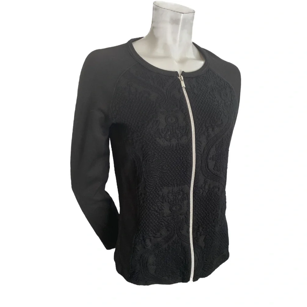 Apanage Black Damask Pattern Textured Bodice Zippered Jersey Cardigan Size 8 - Picture 2 of 7